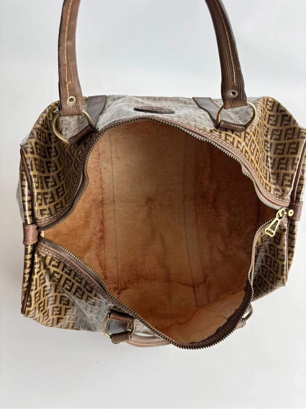 Fendi Zucca Monogram Coated Canvas Duffle Bag Brown Luxury Travel